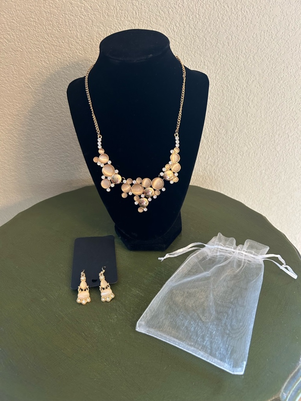 Bohemian Gold Tone Champagne Statement Necklace & Earring Set